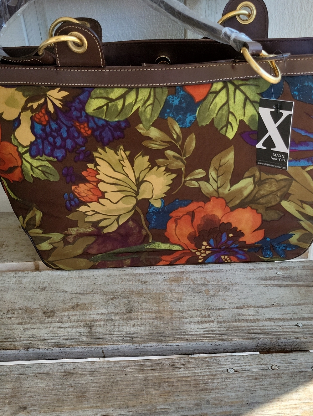 Maxx New York Brown Floral Canvas Large Bag with Multicolor Blooms